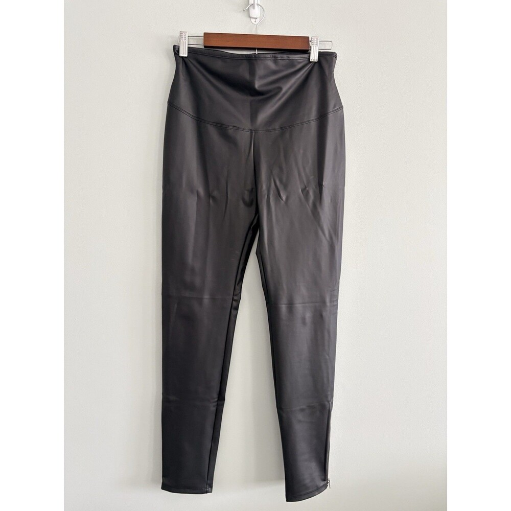 Yummie Leggings Womens Large Faux Leather Shaping Black Ankle Zippers Stretch